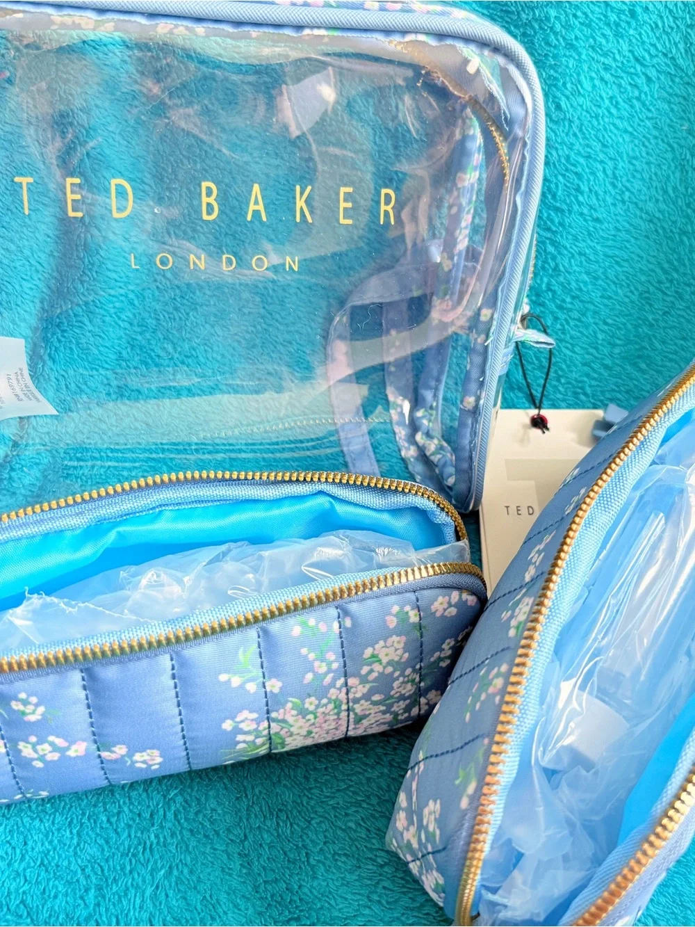 Ted Baker 3 Piece Blue Quilted Floral & Clear Cosmetic Bag Pouches NWT